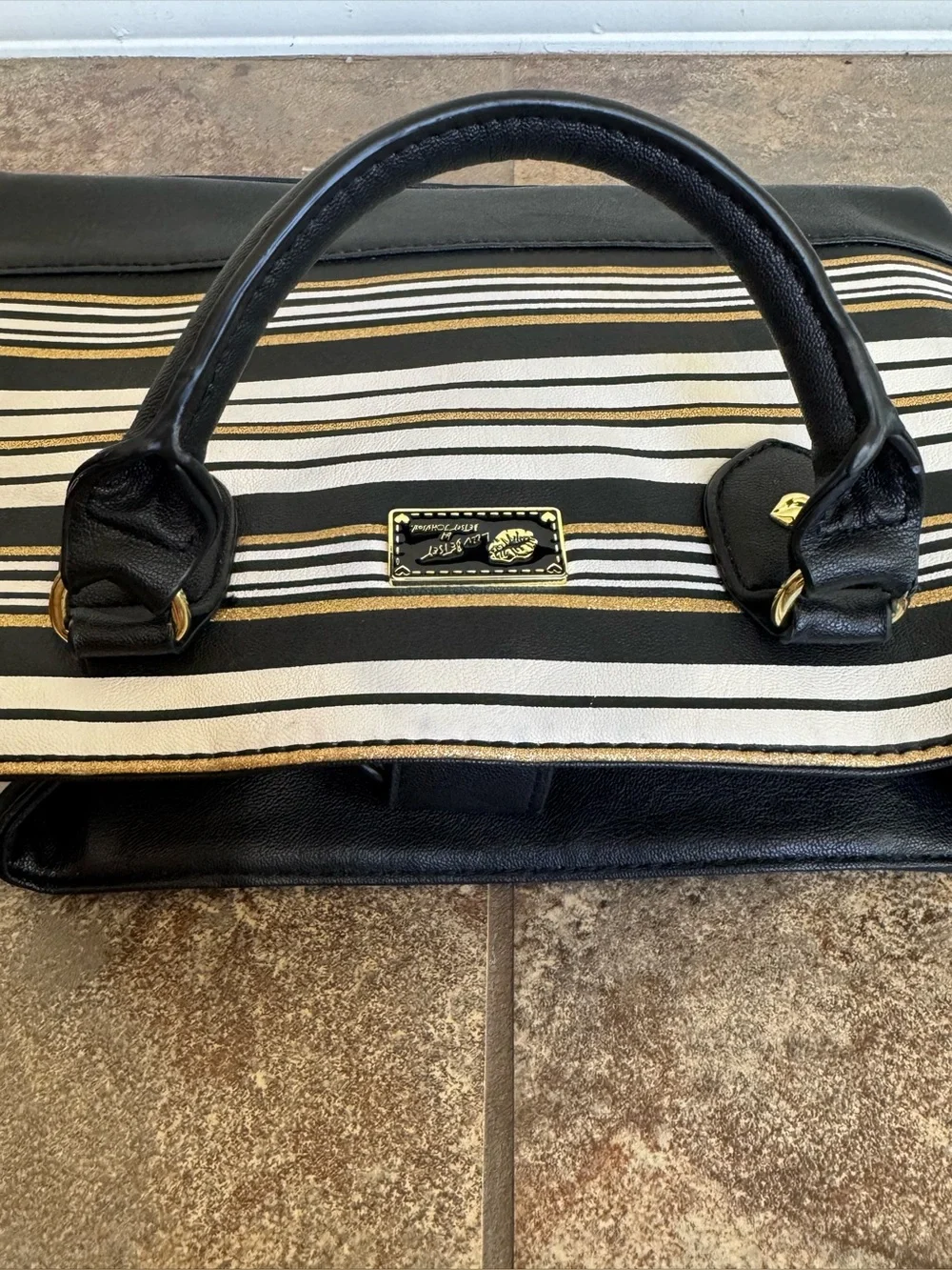 Luv Betsey by Betsey Johnson Striped Satchel Handbag Black White Gold Y2K